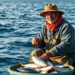 Halász, aki frissen fogott halakat mutat be a hajón.