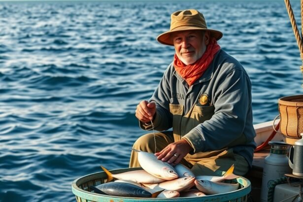 Halász, aki frissen fogott halakat mutat be a hajón.