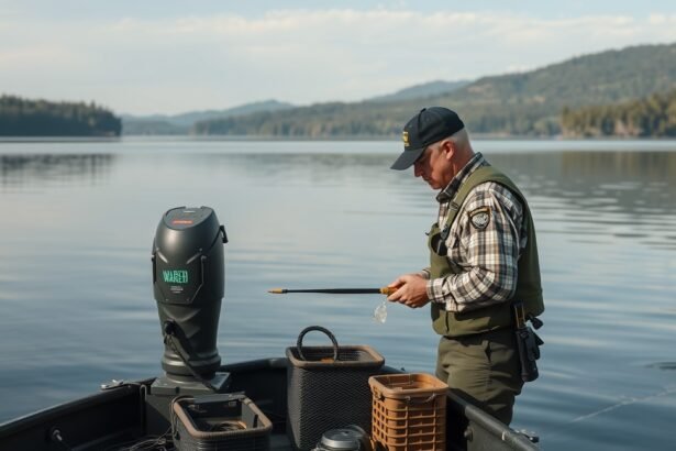 Halőr a horgászat során, vízen álló motorcsónakban