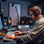 Hangtechnikus stúdióban keveri a zenét modern technológiával.