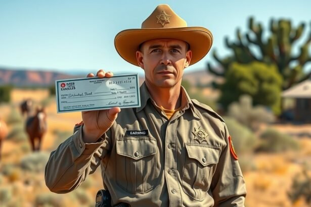 Határvadász a fizetési csekkjével a kezében egy vidéki tájon.
