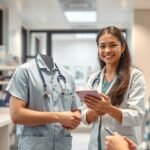 Háziorvosi asszisztens a rendelőben, beteggel beszélgetve.