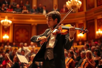 Hegedűművész koncert közben, zenekar előtt