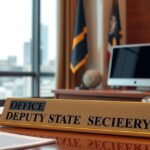 Helyettes államtitkári irodai asztal felirattal