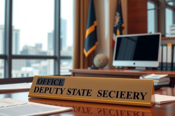 Helyettes államtitkári irodai asztal felirattal