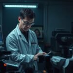 Helyszínelő laboratóriumban dolgozó szakember, bűnügyi vizsgálat során.