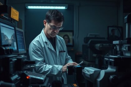 Helyszínelő laboratóriumban dolgozó szakember, bűnügyi vizsgálat során.