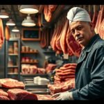 Hentes a húsboltban, mely különféle húsokat árul.