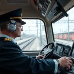 HÉV-vezető a vezetőfülkéjében, a mozdony irányítása alatt