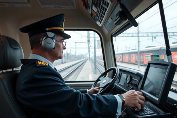 HÉV-vezető a vezetőfülkéjében, a mozdony irányítása alatt