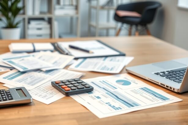 Hitelközvetítő iroda, számológép és pénzügyi dokumentumok az asztalon.