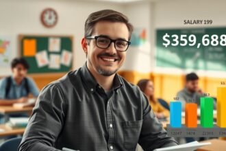 Hitoktató az osztályteremben, diákokkal a háttérben és fizetési statisztikákkal.