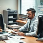 Hivatali dolgozó számítógép előtt, munkája során összegyűjtött iratokkal.