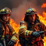 Két hivatásos tűzoltó tűzoltás közben, piros lángok háttérben.