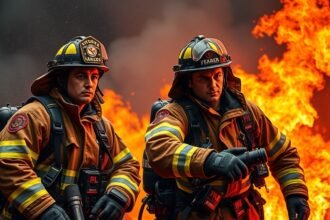 Két hivatásos tűzoltó tűzoltás közben, piros lángok háttérben.