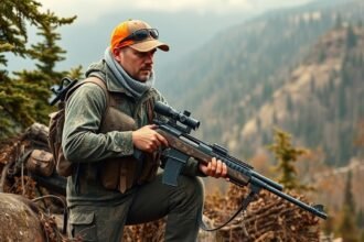 Hivatásos vadász fegyverrel természeti környezetben