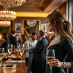 Elegáns hostess egy rendezvényen pezsgővel a kezében