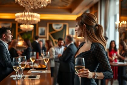 Elegáns hostess egy rendezvényen pezsgővel a kezében