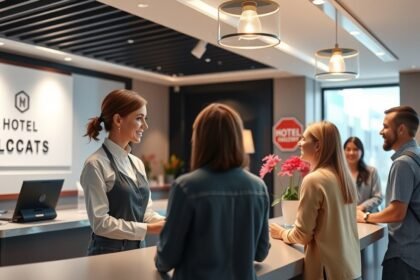 Hotel recepciós fogadja a vendégeket a szállodai recepciónál.