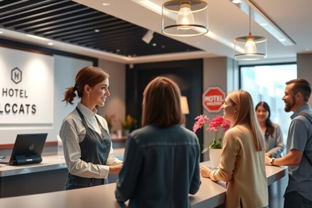Hotel recepciós fogadja a vendégeket a szállodai recepciónál.