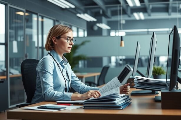 HR-asszisztens munka közben, irodai környezetben.