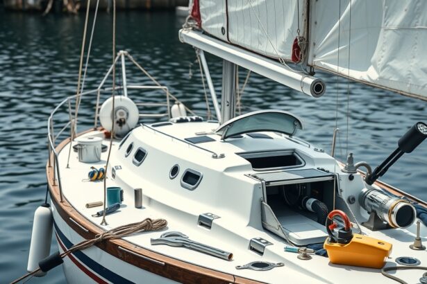 Vitorlás hajó részletei a vízen, karbantartási igények