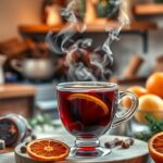 Forralt bor fűszerekkel és narancs szeletekkel egy pohárban.