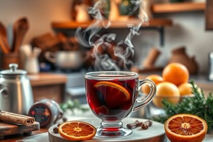 Forralt bor fűszerekkel és narancs szeletekkel egy pohárban.