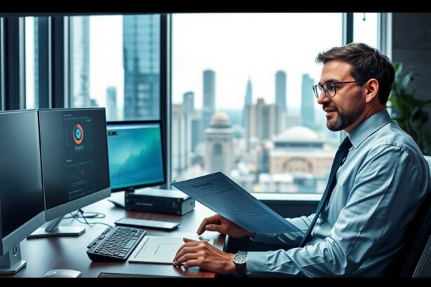 HR-igazgató a munkahelyén, számítógéphasználat közben