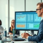 HR-menedzser meeting, munkahelyi statisztikák a képernyőn.