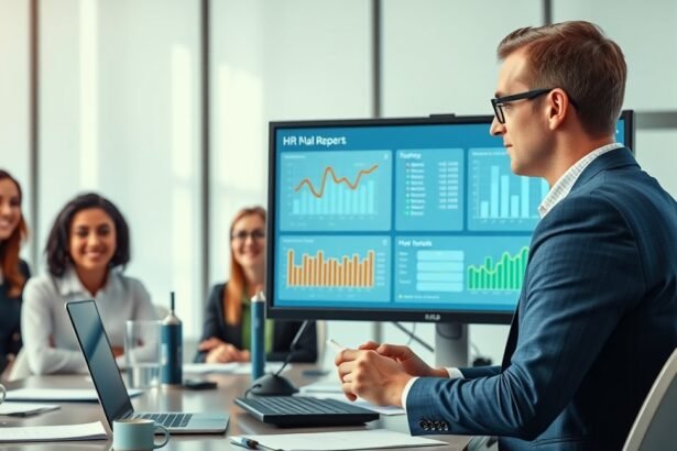 HR-menedzser meeting, munkahelyi statisztikák a képernyőn.