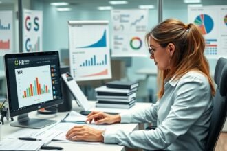 HR-specialista dolgozik grafikonnal és statisztikával az irodában.