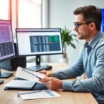 HR-ügyintéző dolgozik számítógépekkel és dokumentumokkal.