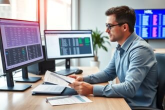 HR-ügyintéző dolgozik számítógépekkel és dokumentumokkal.