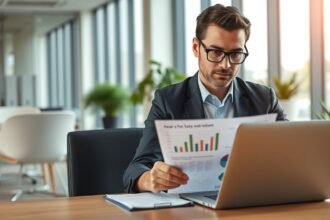 HR-vezető dolgozik a laptopján, statisztikai adatok elemzése közben.