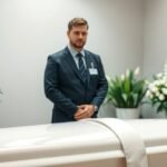 Hullamosó egy gyászrendezvényen, virágokkal.