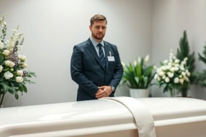 Hullamosó egy gyászrendezvényen, virágokkal.