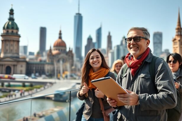 Idegenvezetők egy városi túrán, boldog csoport mosolyogva