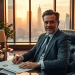 Igazgató ül egy elegáns irodában, városi panorámával.