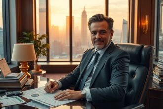 Igazgató ül egy elegáns irodában, városi panorámával.