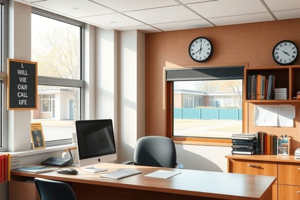Igazgatóhelyettes irodája modern berendezéssel és világos ablakaival