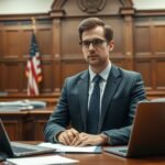 Igazságügyi szakértő egy bírósági teremben, modern irodai környezetben.