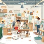 Illusztrátorok dolgoznak kreatív stúdióban művészeti projekteken.