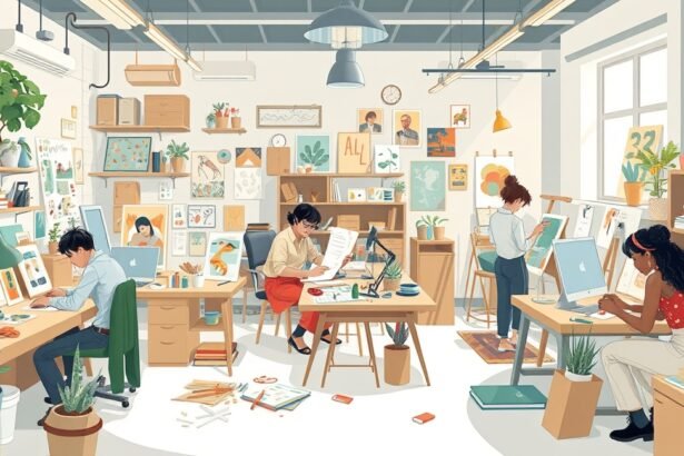 Illusztrátorok dolgoznak kreatív stúdióban művészeti projekteken.