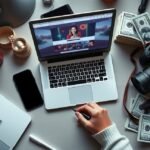 Influenszer munkakörnyezet, laptopon és pénzen dolgozik