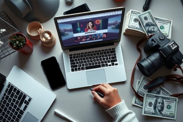 Influenszer munkakörnyezet, laptopon és pénzen dolgozik