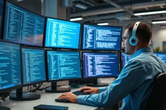 Informatikai rendszerüzemeltető többszörös monitor előtt.