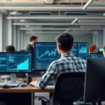 Informatikusok munkahelyi környezetben, adat- és grafikonokkal.