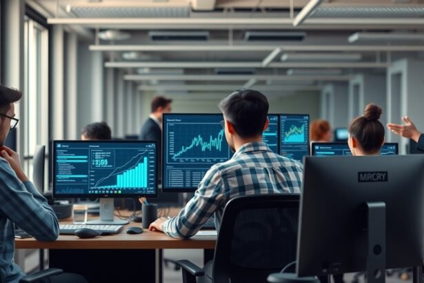 Informatikusok munkahelyi környezetben, adat- és grafikonokkal.