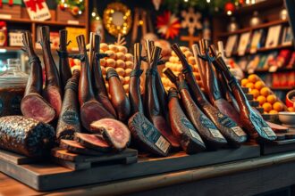 Füstölt húsok karácsonyi vásárlásra készleten a boltban.